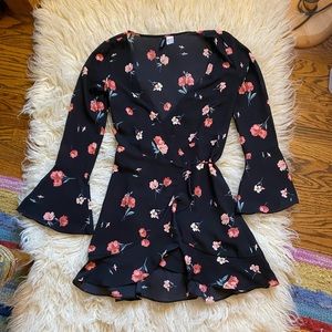 Black Floral Printed Long Sleeved Mini Dress H&M